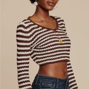 EARTHBOUND Brown and White Cropped Striped Sweater Size Large